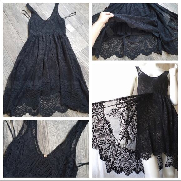FREE PEOPLE Womens Boho Witchy Black Lace Overlay LBD Mini Dress Size 0 - Picture 9 of 9